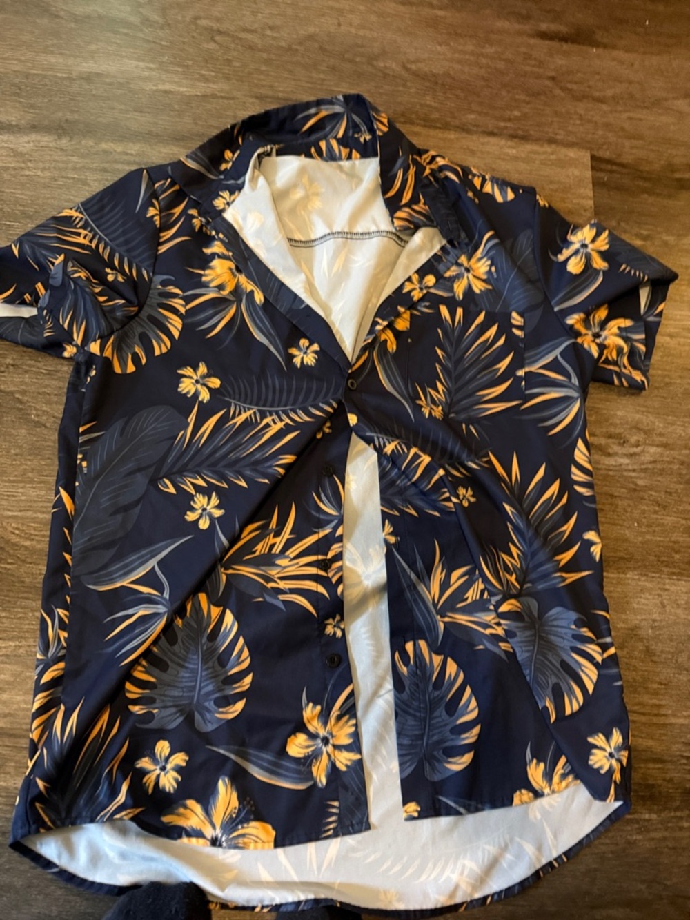 Navy Floral Short Sleeve Button-Up Shirt - Yellow & Blue Print